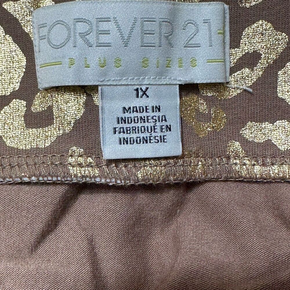 Forever 21 Mini Skirt Womens 1X Brown Gold Metallic Leopard Print StretchBodycon - Picture 2 of 8
